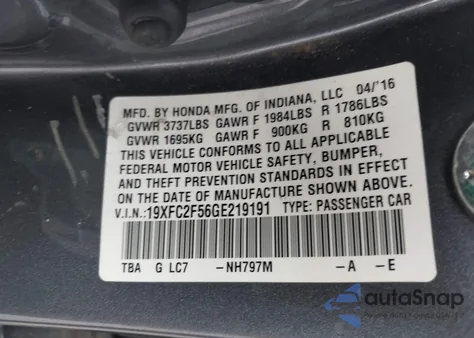 2016 Honda Civic Lx from USA, damaged, VIN 19XFC2F56GE219191